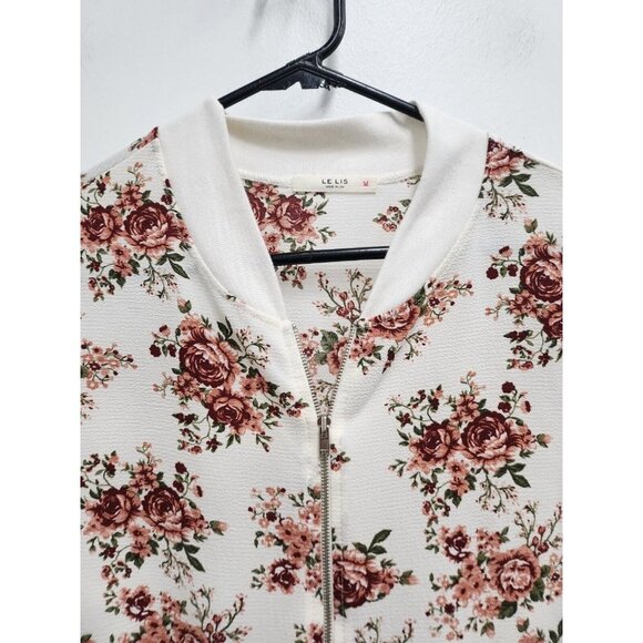 Le Lis Womens Varsity Jacket Size Large Ivory Pink Floral Zip Front Lightweight - Picture 2 of 6